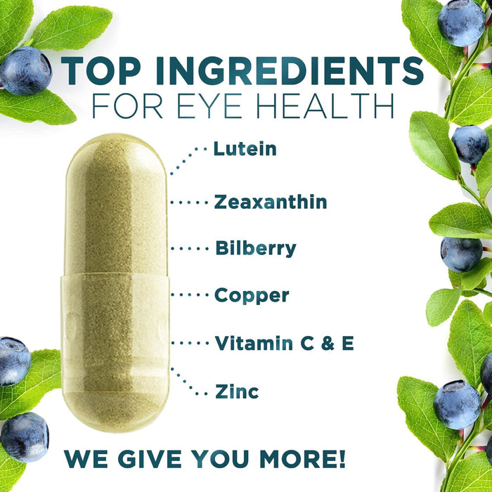 Eye Vitamins & Mineral Supplement, Contains Lutein, Zeaxanthin, Bilberry & Zinc, Supports Eye Strain, Vision Health & Dryness for Adults with Vitamin C & E, Non-GMO, Vegan