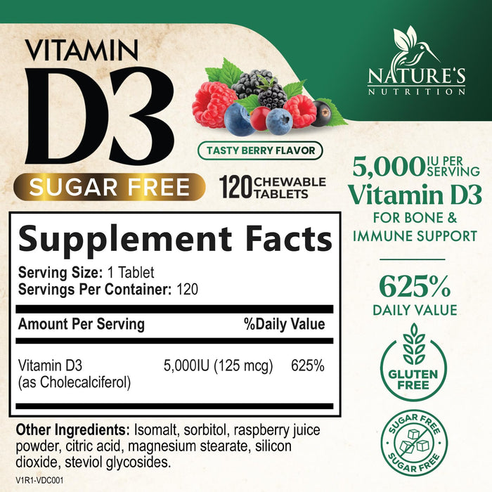 Vitamin D3 5000 IU (125 mcg) Nature's Vitamin D Chewable for â€“ 120 Count Tablets