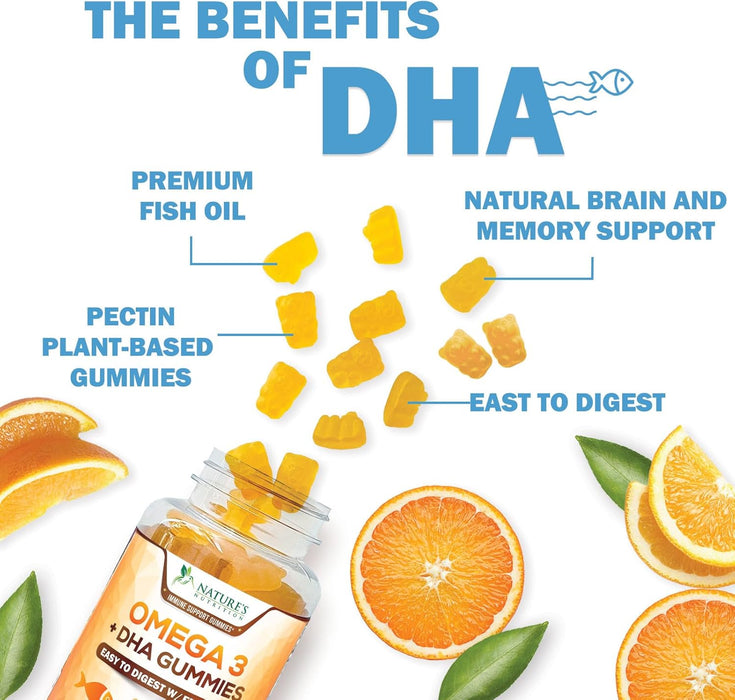 Omega 3 Fish Oil Gummies, Heart Healthy Omega 3 Supplement with High Absorption DHA & EPA, Extra Strength Joint & Brain Support, Omega 3 Fish Oil Nature's Gummy Vitamin, Orange Flavo