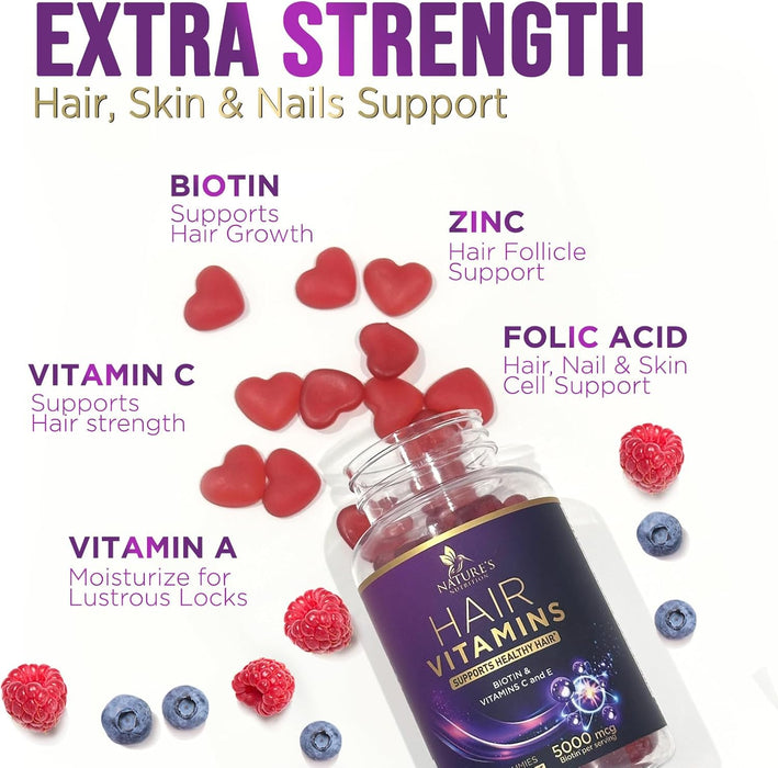 Hair Vitamins Gummy, with Biotin 5000mcg and Vitamins E & C, Advanced Hair Growth Support Gummies for Stronger, Beautiful Hair, Skin & Nails, Nature's Hair Supplement for Women & Men