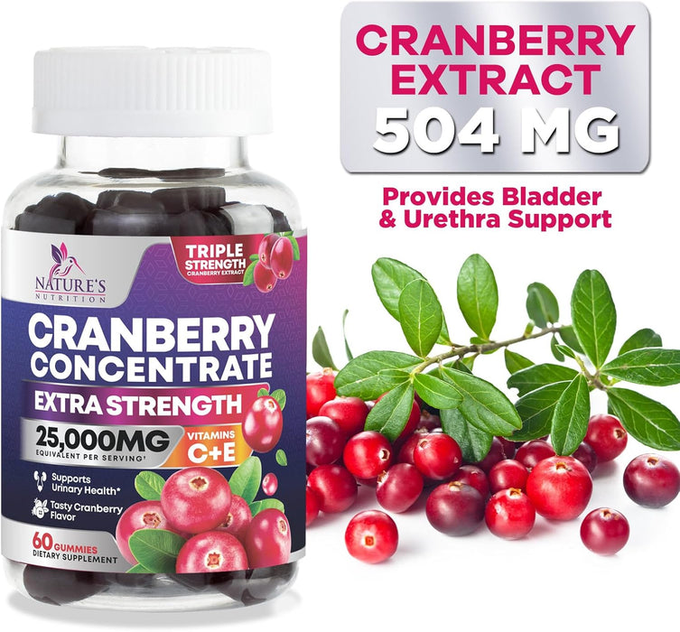 Cranberry Gummies - Urinary Tract Health Gummy + Vitamin C - 25,000mg - Triple Strength Cranberry Concentrate Extract Supplement Pills, Ultimate Potency, Non-GMO, Gluten Free