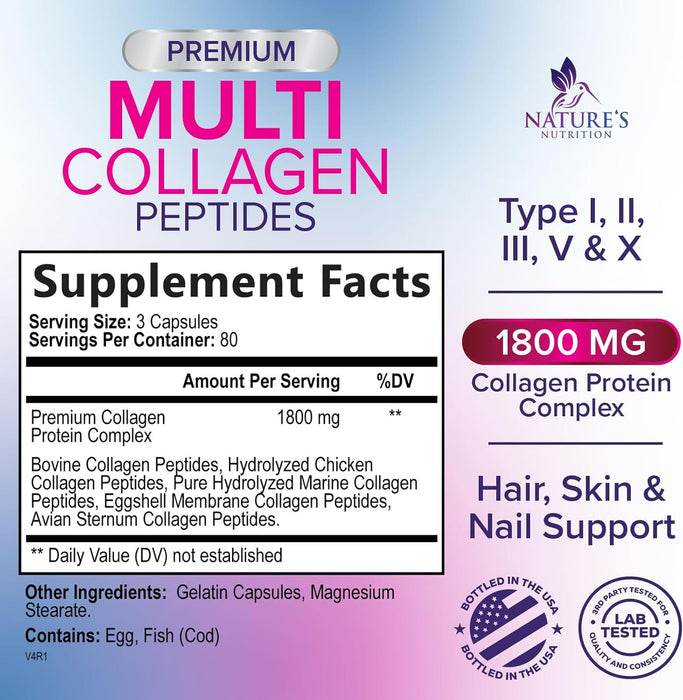 Collagen for Women & Men - Type I, II, III, V, X Collagen PillsComplex, Grass Fed Non-GMO, Nature's Hydrolyzed Multi Collagen Peptides Supplement, Hair, Skin, Nail, Joint Health Support