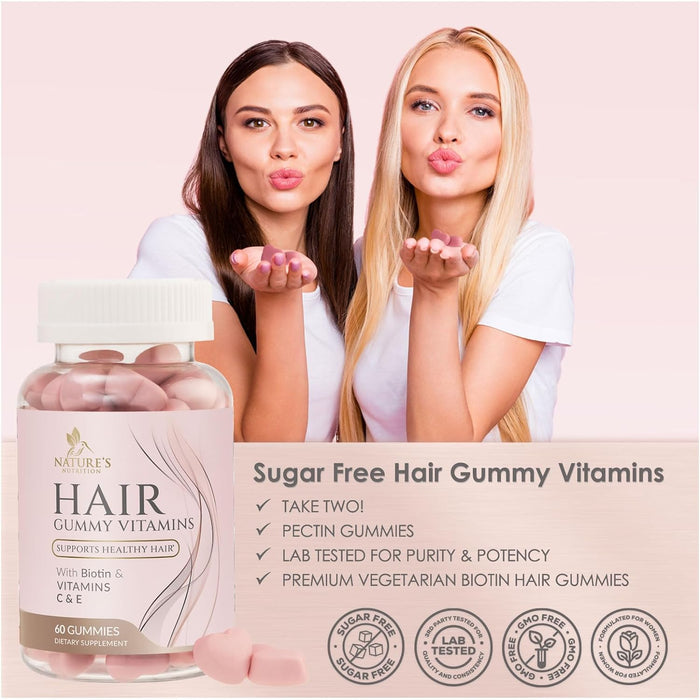 Sugar Free Hair Vitamins Gummies with Biotin 5000 mcg, Vitamin A, B12, C, D, E, Folic Acid, Supports Hair Growth Gummy, Vegetarian Friendly, Supports Strong Beautiful Hair and Nails
