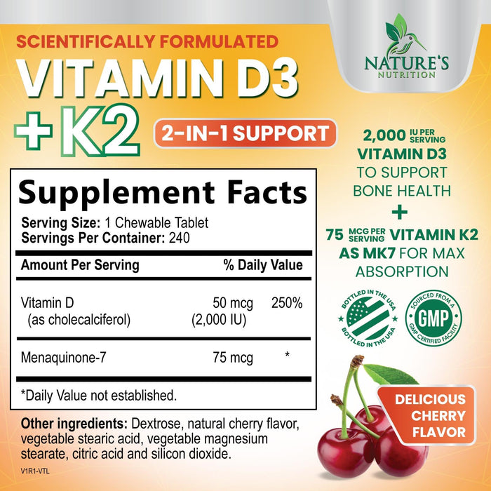 Vitamin D3 + K2 (MK-7) 2000 IU + 50 mcg - 240 Chewable Tablets
