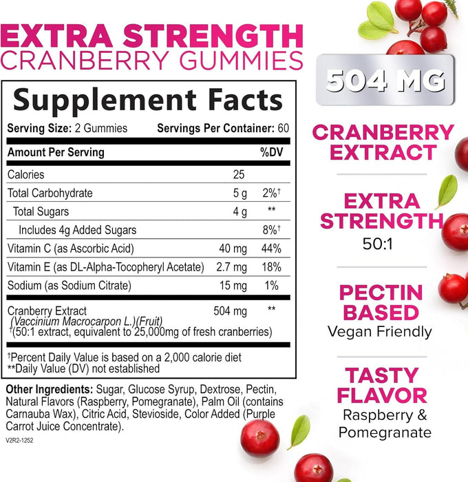 Cranberry Gummies - Urinary Tract Health Gummy + Vitamin C - 25,000mg - Triple Strength Cranberry Concentrate Extract Supplement Pills, Ultimate Potency, Non-GMO, Gluten Free