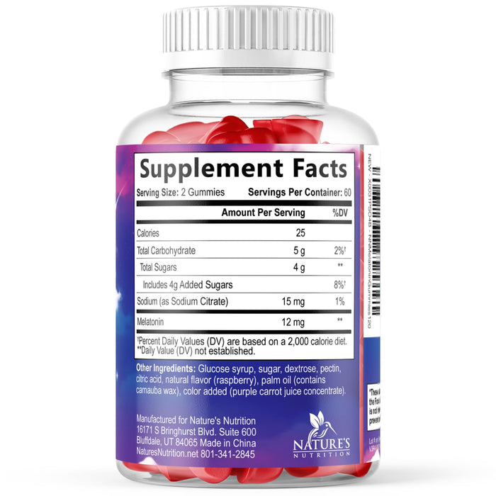 Melatonin Sleep Gummies 12 mg, Vegan, Raspberry Flavor, 120 Gummies