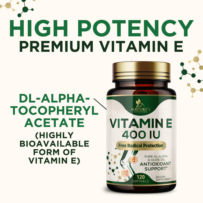 Vitamin E 400 IU Softgels (180mg DL-Alpha) for Women & Men, Supplement for Max Absorption, Nature's Antioxidant for Skin, Heart, Eye, and Immune Health Support, Dairy, Gluten & Soy Free