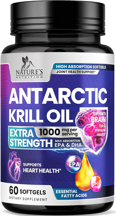 Krill Oil Omega 3 Supplement 1000 mg - Antarctic Krill Oil with Omega-3 EPA, DHA with Astaxanthin Sourced from Red Krill, Brain Health & Immune Support with Phospholipids