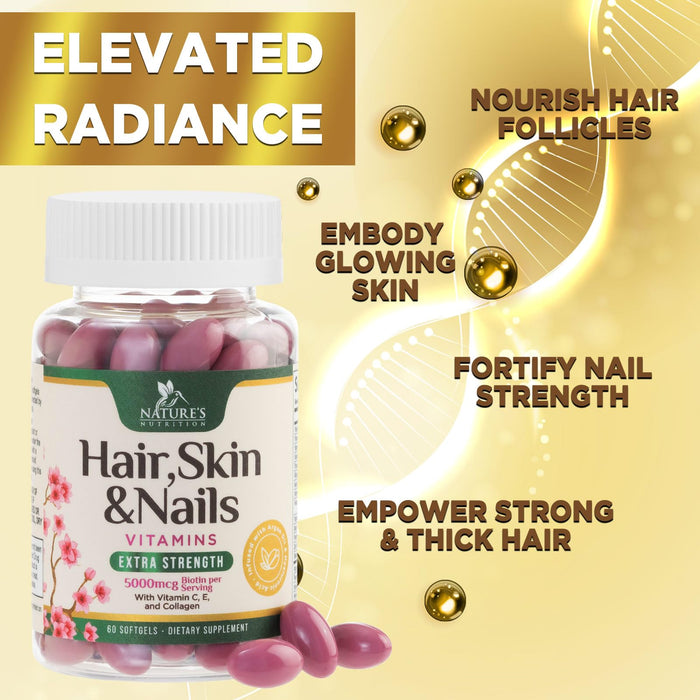 Hair Vitamins Biotin 5000 mcg Collagen for Hair Skin and Nails Vitamin Nature's, Supports Supplement Fast Fuller Thicker Healthy Growth Support, with Hyaluronic Acid Women & Men, Non-GMO, 60 Softgels