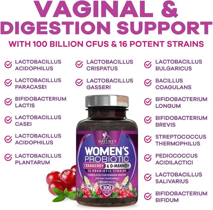 Probiotics for Women 60 Billion CFU - 16 Strains, Prebiotics & Cranberry, PH Balance, Digestive Health, Vaginal & Immune Support, Womens Probiotic for Gut Health, Shelf Stable - 120 Capsules