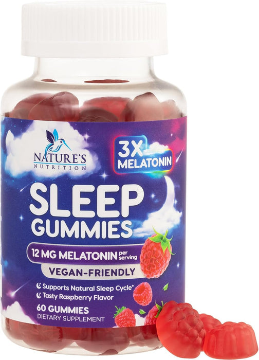 Sleep Melatonin Gummies, Extra Strength Natural Melatonin Gummy 12mg, Nature's Berry Flavor, Sleep Support Vitamin Supplement for Adults, Non-GMO, Vegan