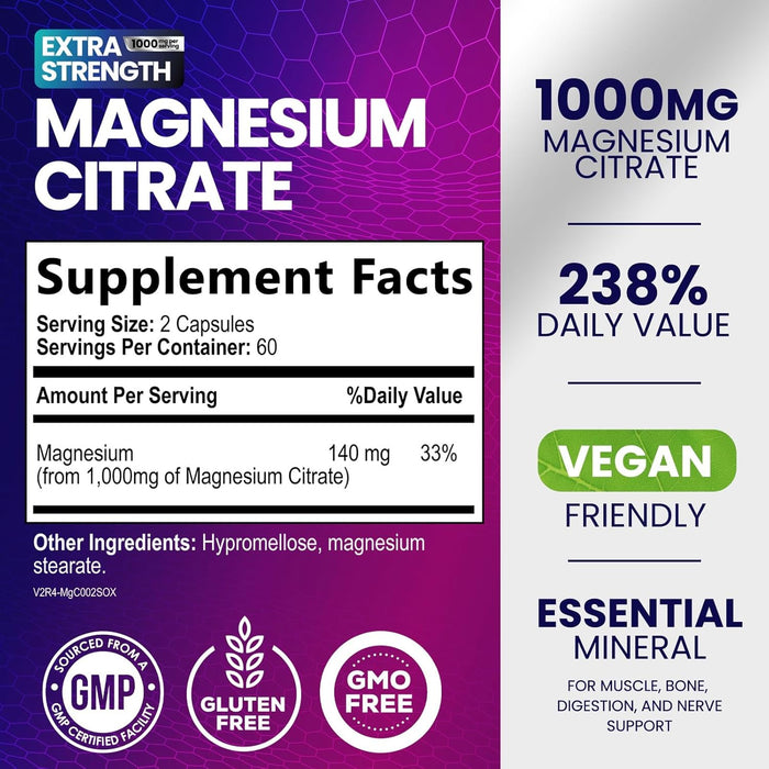 Magnesium Citrate Supplement 1000 mg for Best Absorption, Supports Bone, Heart Health, Nerves, Muscles, Metabolism & Calm, Nature's Pure Magnesio Vitamin Pills, Bottled in USA - 120 Capsules