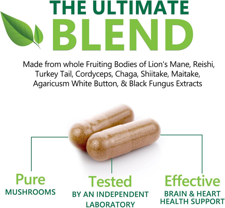 Mushroom Supplement - 10 Mushroom Complex Blend - Lions Mane, Reishi, Turkey Tail, Chaga, Cordyceps, Shiitake, Maitake - Nootropic Brain Supplement, Memory, Focus, Immune Health Support