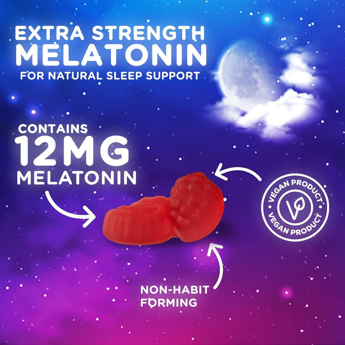 Sleep Melatonin Gummies, Extra Strength Natural Melatonin Gummy 12mg, Nature's Berry Flavor, Sleep Support Vitamin Supplement for Adults, Non-GMO, Vegan