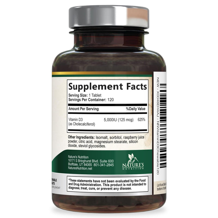 Vitamin D3 5000 IU (125 mcg) Nature's Vitamin D Chewable for â€“ 120 Count Tablets