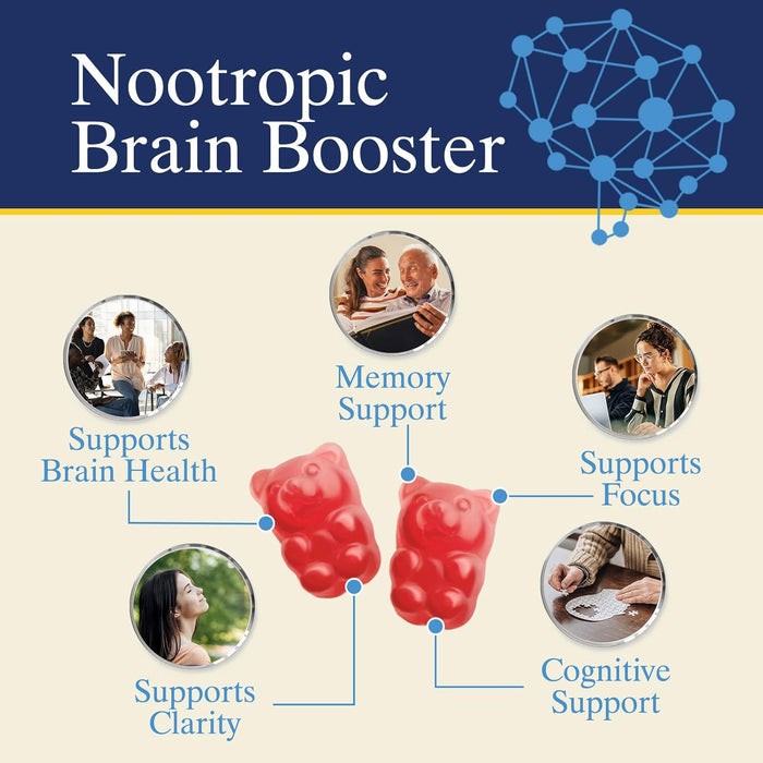 Brain Supplement Gummy for Memory, Focus & Concentration Support Gummies Plus Nootropics, Phosphatidylserine & Vitamins B6 & B12 - Nature's Caffeine Free Nootropic for Brain Health - 60 Gummies