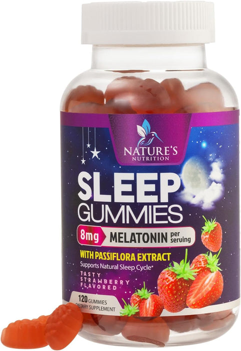 Melatonin Sleeping Gummies - Extra Strength Sleep Gummy, 8 mg Melatonin, 20mg Passiflora, 100% Drug Free Sleep Support Supplement for Kids & Adults, Vegan, Non-GMO, Natural Berry Flavor