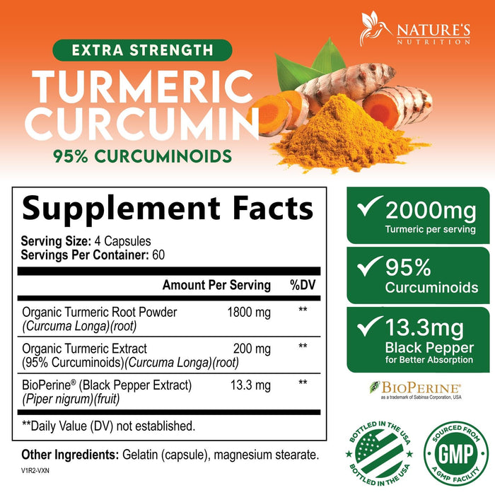 Turmeric Curcumin Supplement 2000mg - Nature's Joint & Immune Support, Organic Tumeric & BioPerine Black Pepper for Best Absorption with 95% Curcuminoids, Non-GMO, Bottled USA