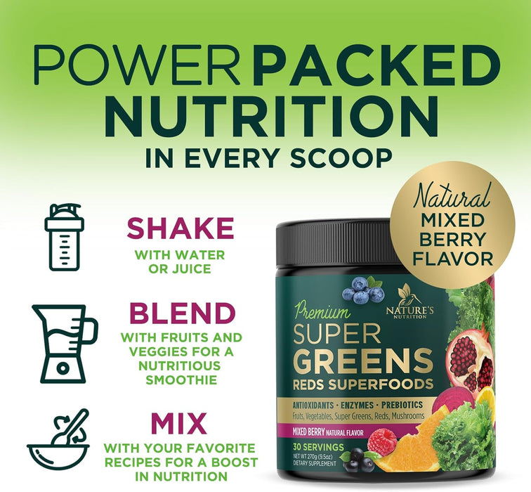 Greens Superfood Powder Supplement - Super Green Smoothie Mix Blend with Spirulina, Wheat Grass, Chlorella, Beets, Digestive Enzymes & Antioxidants - Natural Gut Health, Vegan & Non-GMO - 30 Servings
