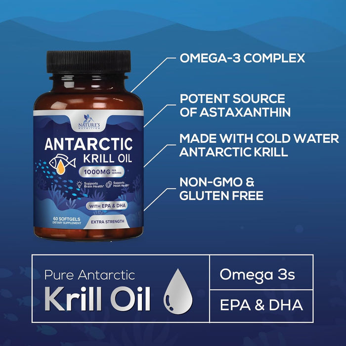 Antarctic Krill Oil 1000mg, Omega-3s EPA, DHA, with Astaxanthin Supplement Sourced from Red Krill - Maximum Strength Omega 3 Brain Health Support with Phospholipids
