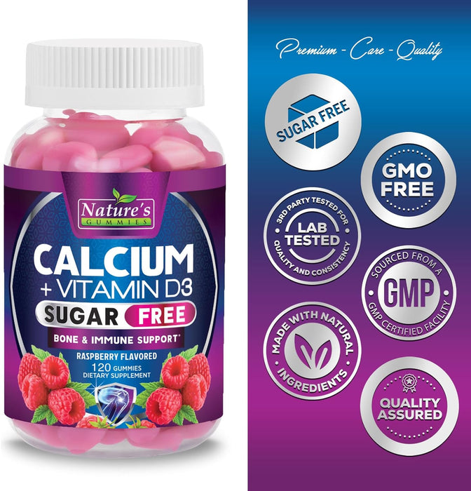 Sugar Free Calcium Gummy Bites Plus 400 IU Vitamin D3, Bone Health & Immune Support, Supports Bone Strength - Chewable Calcium Nutrition Supplement, Non-GMO, Berry Flavor Chews