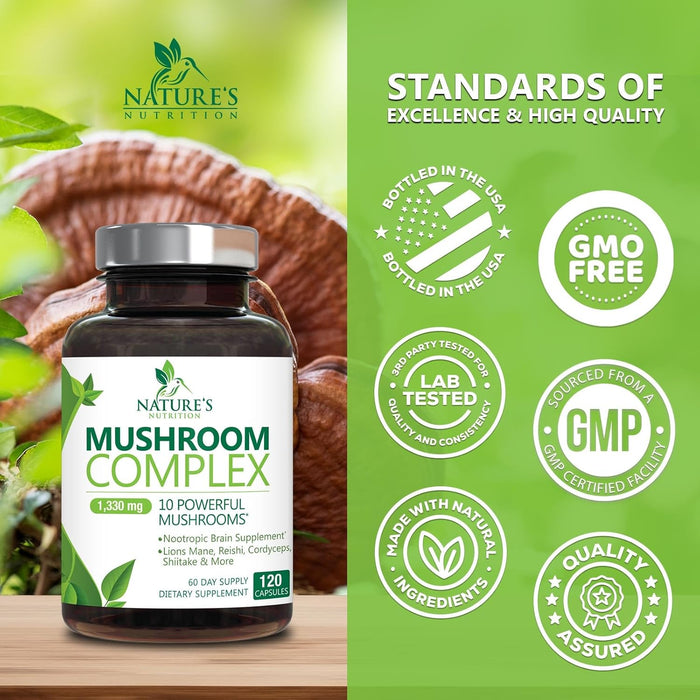 Mushroom Supplement - 10 Mushroom Complex Blend - Lions Mane, Reishi, Turkey Tail, Chaga, Cordyceps, Shiitake, Maitake - Nootropic Brain Supplement, Memory, Focus, Immune Health Support