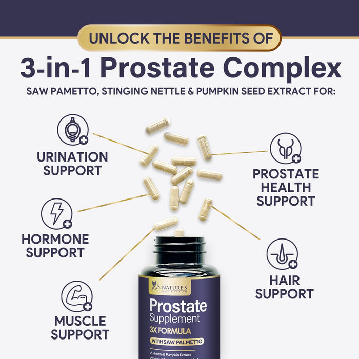 Prostate Health Supplements for Men - Support Complex 3X Formula with Saw Palmetto Blend Stinging Nettle Root & Pumpkin Seed Extract - Supports Bathroom Trips Prostate & Urinary Health - 120 Capsules