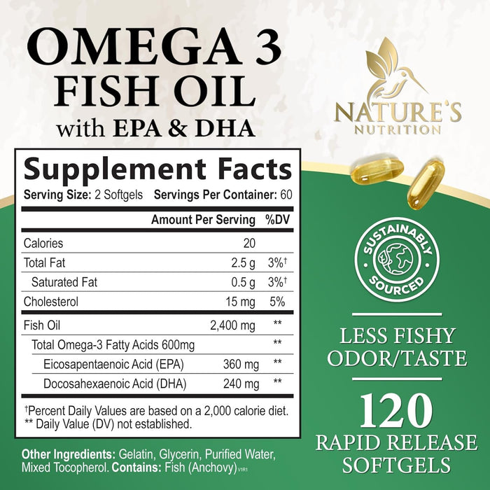 Fish Oil 2400 mg with Omega 3 EPA & DHA - Triple Strength Omega 3 Supplement - Omega 3 Fish Oil Supports Heart Health, Nature's Brain & Immune Support - Non-GMO Fish Oil Supplements