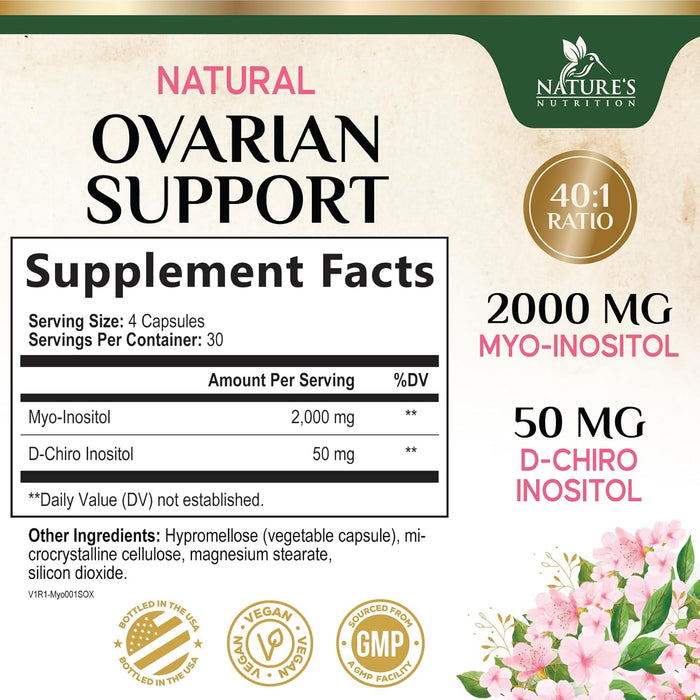 Myo-Inositol & D-Chiro Inositol 1025mg - 40:1 Ideal Ratio for Ovarian Support, Vegan Myo & D Chiro Supplement for Women's Natural Balance and Hormone Support, Vitamin B8, Non-GMO - 120 Capsules
