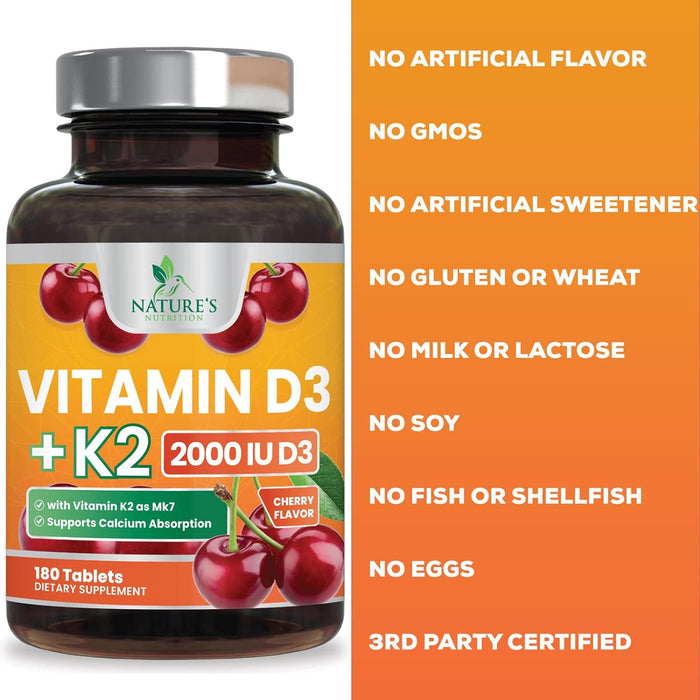 Vitamin D3 K2 as MK-7 with 2000iu of D3 & 75mcg K2, Vitamin K2 D3 Bone Strength Supplements Support Calcium Absorbtion for Teeth & Bone Health + Muscle & Immune Health Support