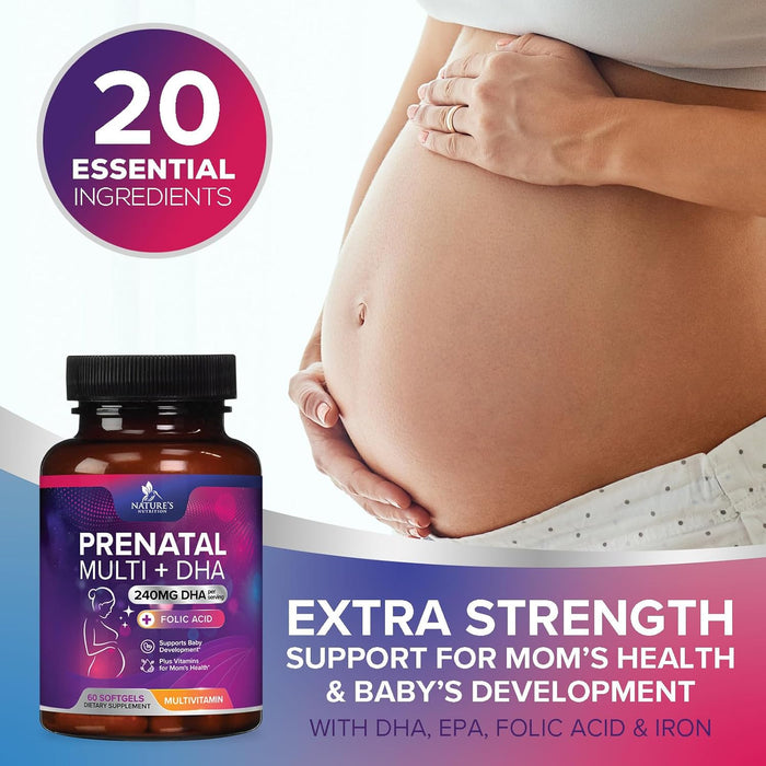 Women's Prenatal Multivitamin with Folic Acid & DHA, Prenatal Vitamins w/ Folate, Omega 3, Vitamins D3, B6, B12 & Iron, Pregnancy Support Prenatal DHA Supplement, Non-GMO Gluten Free