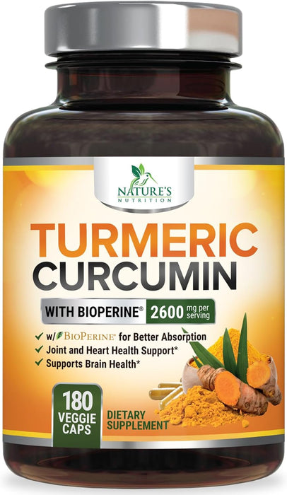 Turmeric Curcumin Supplement with BioPerine 95% Curcuminoids 2600mg with Black Pepper for Best Absorption, Bottled in USA, Best Natural Vegan Joint Support, Nature's Tumeric Capsules