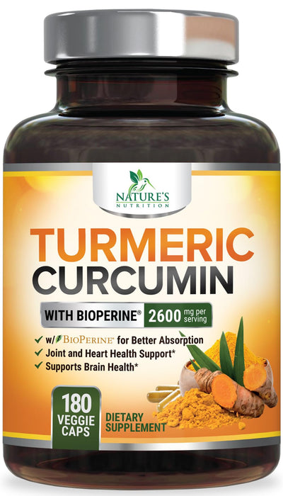 Turmeric Curcumin Supplement with BioPerine 95% Curcuminoids 2600mg with Black Pepper for Best Absorption, Bottled in USA, Best Natural Vegan Joint Support, Nature's Non-GMO Tumeric - 180 Capsules