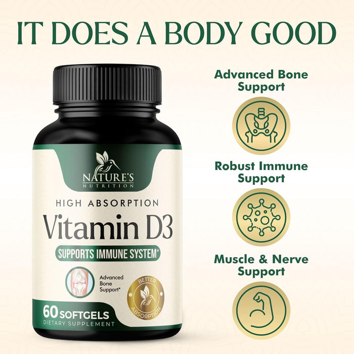 Vitamin D3 5000 IU (125 mcg) - High Potency Vitamin D-3 Supplement (2 Month Supply) for Bone, Teeth, Muscle and Immune Health Support - Dietary Supplement, Gluten Free, Non-GMO