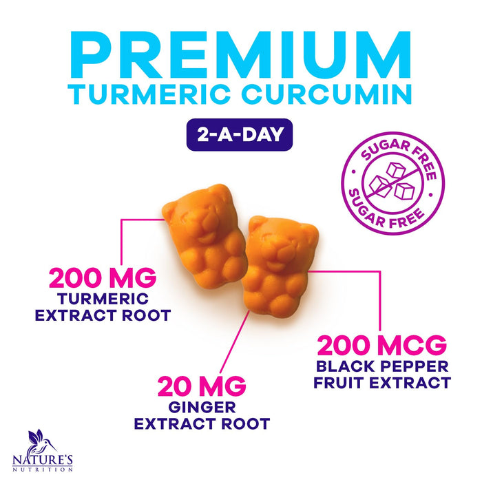 Turmeric Supplement Gummies Sugar Free - Turmeric Curcumin and Ginger Gummies with Black Pepper Extract for High Absorption, Curcumin Gummy for Joint Support, Non-GMO, Gluten Free