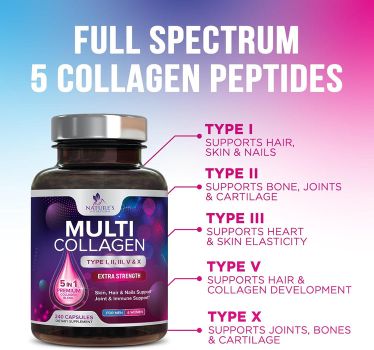 Collagen for Women & Men - Type I, II, III, V, X Collagen PillsComplex, Grass Fed Non-GMO, Nature's Hydrolyzed Multi Collagen Peptides Supplement, Hair, Skin, Nail, Joint Health Support