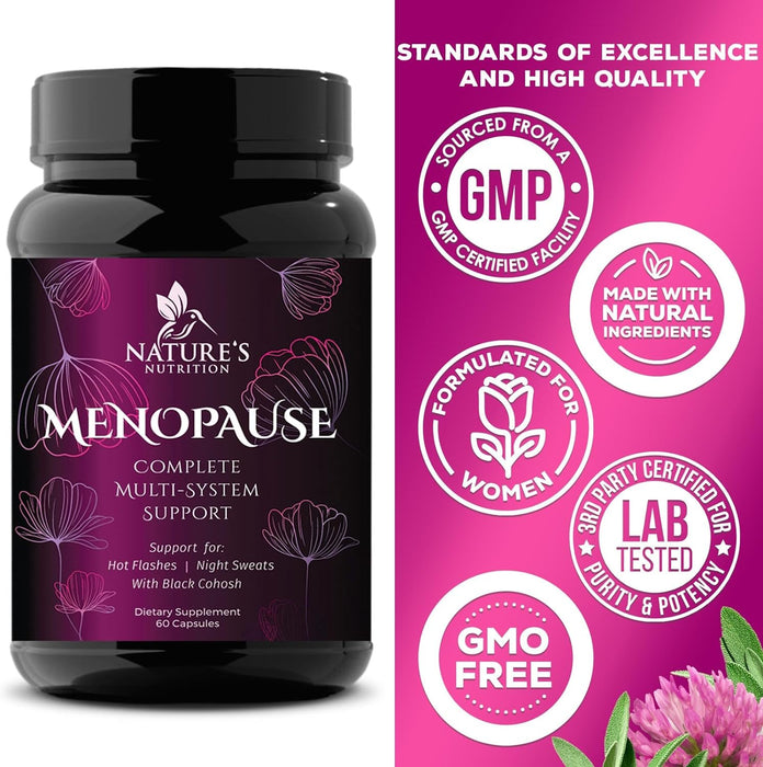 Menopause Supplements for Women - Menopause Relief Vitamins with Black Cohosh, Hot Flashes, Night Sweats, Energy & Hormone Support, Non-GMO, Nature's Menopause Relief for Women - 60 Capsules