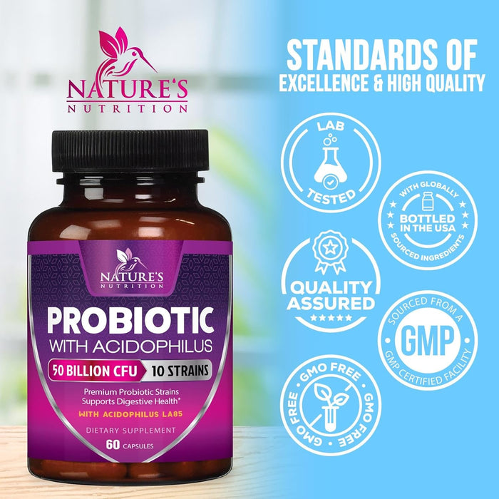 Probiotics 60 Billion CFU per Serving - 10 Strains + Prebiotics - Digestive Health, Gut & Immune Support - Supports Occasional Constipation, Gas & Bloating for Women & Men Shelf Stable - 60 Capsules