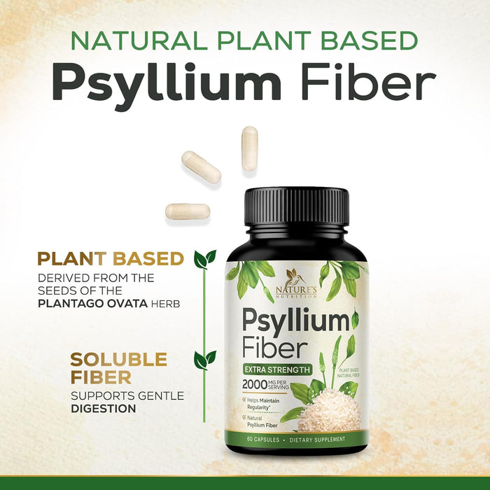 Psyllium Husk Fiber Supplement 1500mg, Natural Daily Soluble & Insoluble Fiber Pills, Psyllium Husk Powder Capsules Supports Digestion Colon Health & Regularity, Plant Based Supplement - 60 Capsules