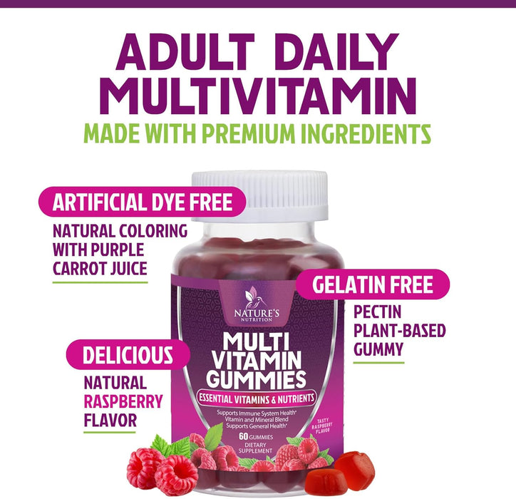 Multivitamin Gummies for Adults, Daily Gummy Vitamins & Minerals for Women & Men, Immune Support Gummy Multivitamins Supplement, Adult Multi VIT Vitamin with Vitamins A, C, D3, B12, Zinc, 60 Gummies