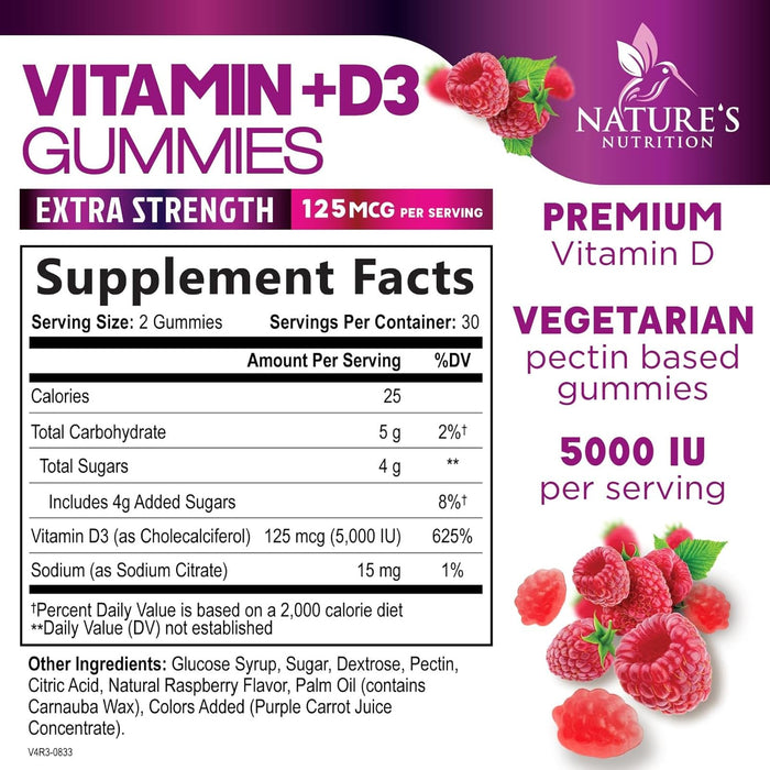 Vitamin D3 Gummies Extra Strength 5000 IU (125 mcg) - Raspberry Flavor Gummy Vitamins - Vitamin D Dietary Supplement for Bone, Teeth, Muscle & Immune Health Support, Non-GMO, Gluten Free