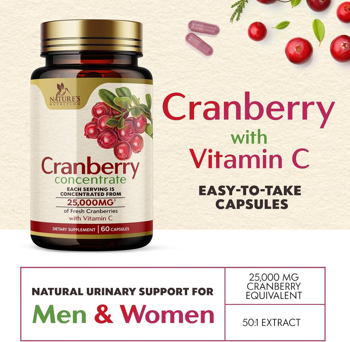 Cranberry Pills Supplement for Women & Men + Vitamin C & E - 25,200mg Formula for Urinary Tract Health Support, Non-GMO and Gluten Free, Nature's Cranberry Supplements