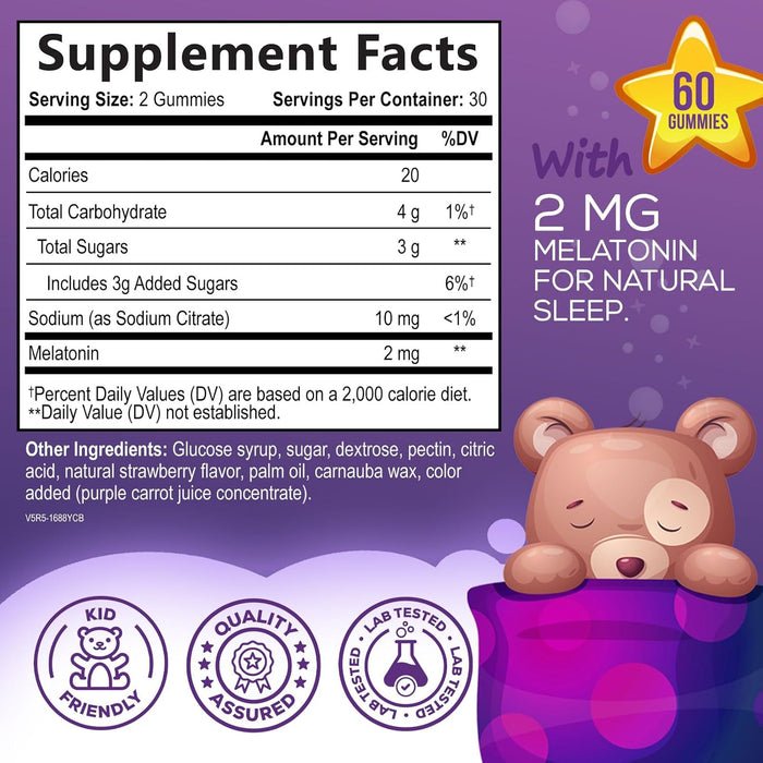 Kids Sleep Gummies, 2mg Melatonin, Nature's Effective & Drug-Free Restful Sleep Support Supplement, Childrens Melatonin Gummy for Ages 4 & Up, Vegan, Non-GMO, Natural Color & Berry Flavor