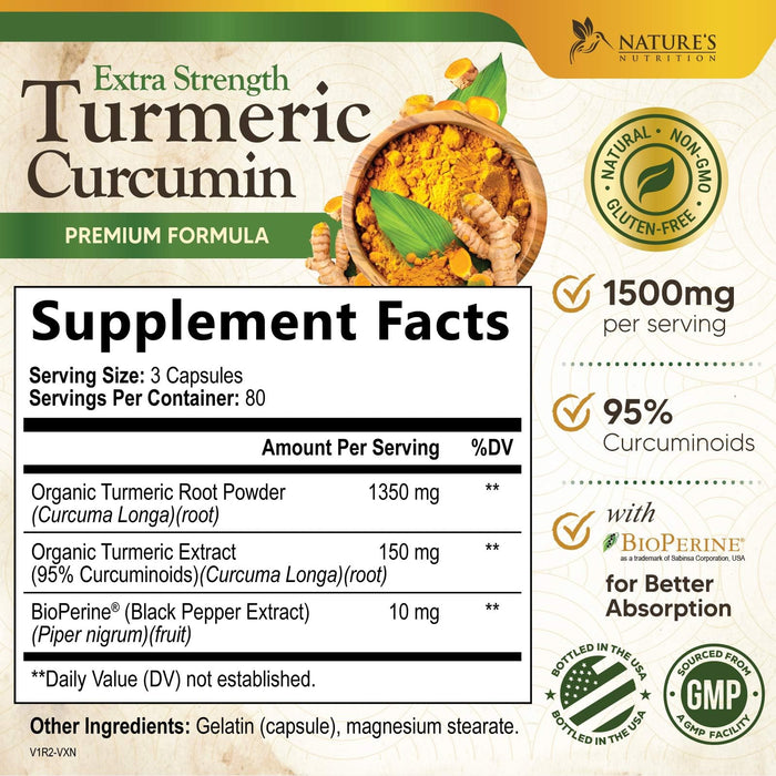 Turmeric Curcumin Supplement 1500mg - Organic Tumeric & BioPerine Black Pepper for Best Absorption with 95% Curcuminoids, Nature's Joint & Immune Support, Non-GMO, Bottled in USA