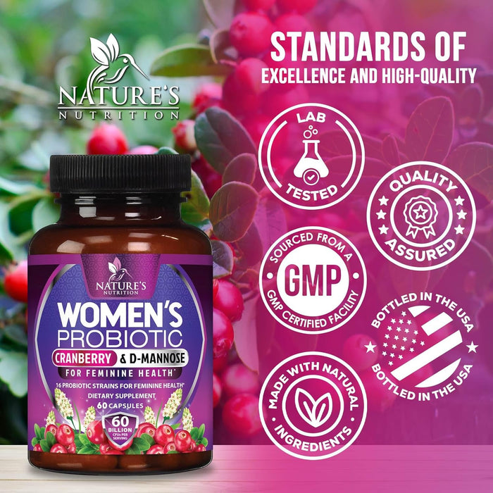 Probiotics for Women 60 Billion CFU - 16 Strains, Prebiotics & Cranberry, PH Balance, Digestive Health, Vaginal & Immune Support, Womens Probiotic for Gut Health, Shelf Stable - 60 Capsules