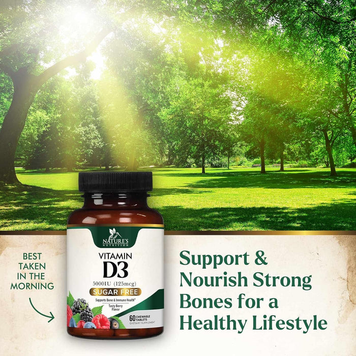 Vitamin D3 5000 IU (125 mcg) - Chewable D Vitamin for Bone, Teeth, Muscle & Immune Support, Sugar Free, Non-GMO, Gluten Free, Nature's Extra Strength Vitamin D Supplements