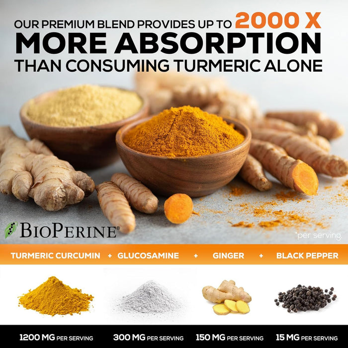 Turmeric Curcumin with BioPerine, Ginger & Glucosamine 95% Curcuminoids 2000mg Black Pepper for Max Absorption Joint Support, Nature's Tumeric Herbal Extract Supplement, Vegan, Non-GMO