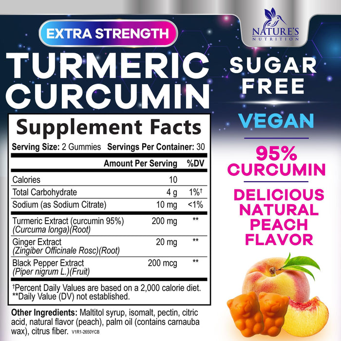 Turmeric Supplement Gummies Sugar Free - Turmeric Curcumin and Ginger Gummies with Black Pepper Extract for High Absorption, Curcumin Gummy for Joint Support, Non-GMO, Gluten Free