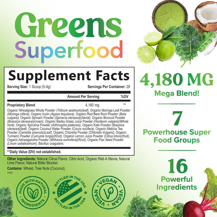 Organic Super Greens Powder Superfood - Original Organic Greens Superfood Smoothie Mix Powder, Antioxidants & Probiotics, Spirulina, Chlorella, Whole Foods, Digestive & Gut Health Support, 28 Servings