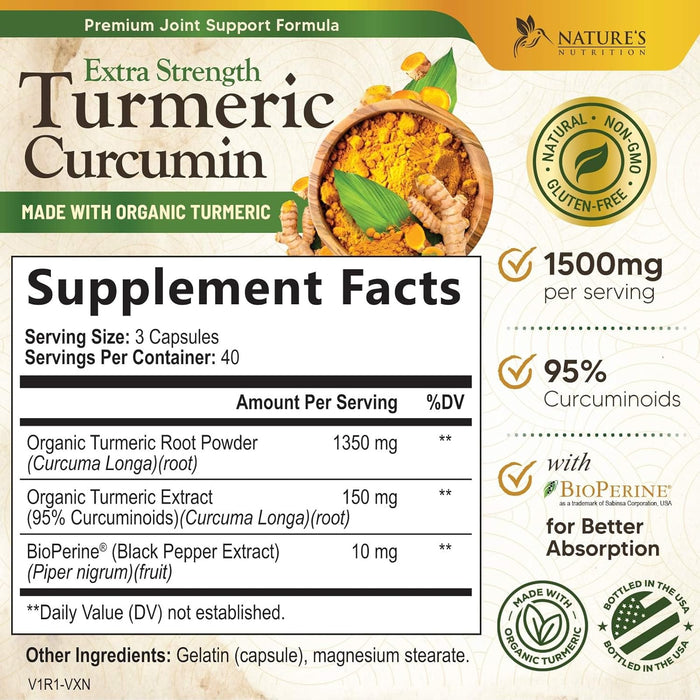 Turmeric Curcumin Supplement 1500mg - Organic Tumeric & BioPerine Black Pepper for Best Absorption with 95% Curcuminoids, Nature's Joint & Immune Support, Non-GMO, Bottled in USA
